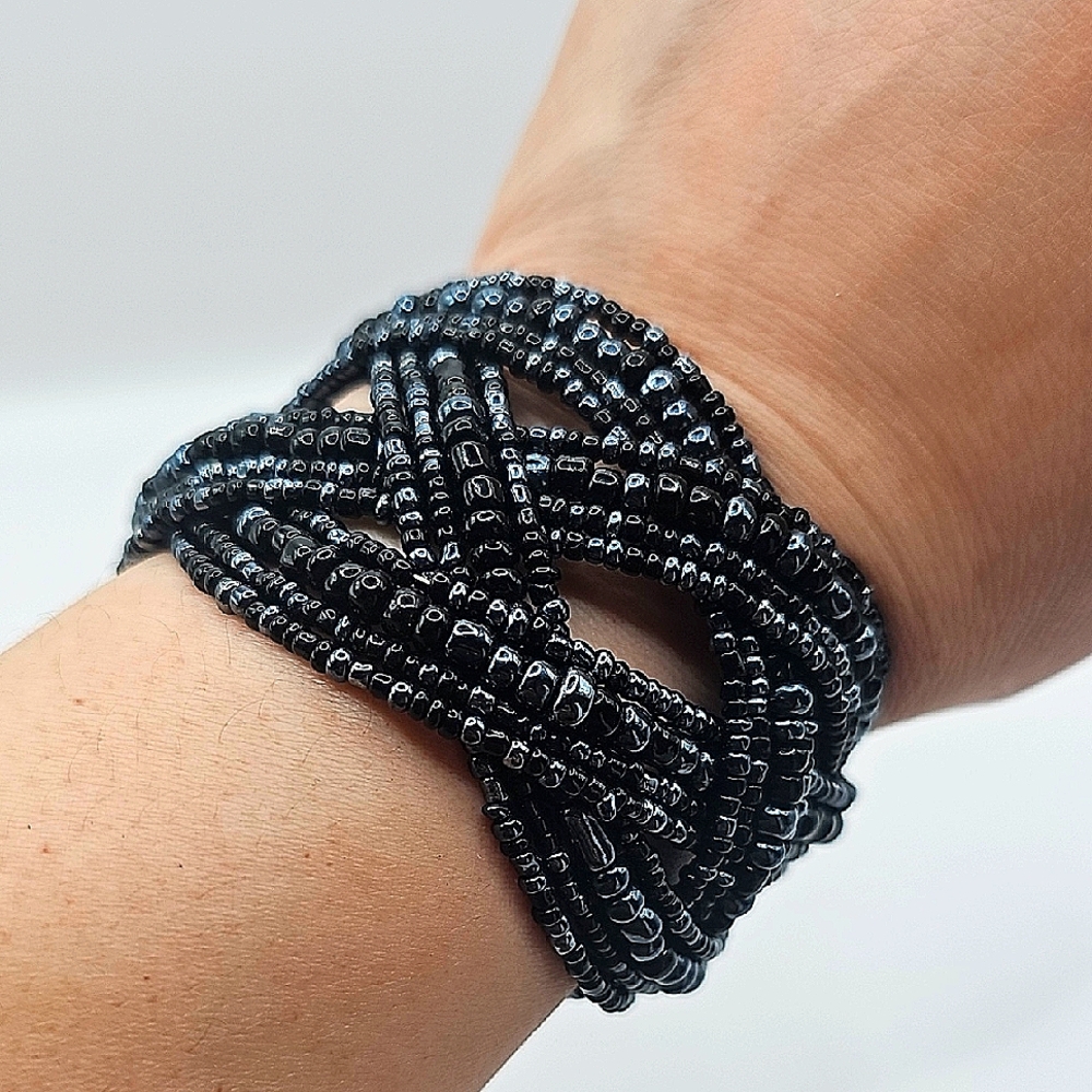 5/$25 Vintage Handmade Black Beaded Cuff Bracelet